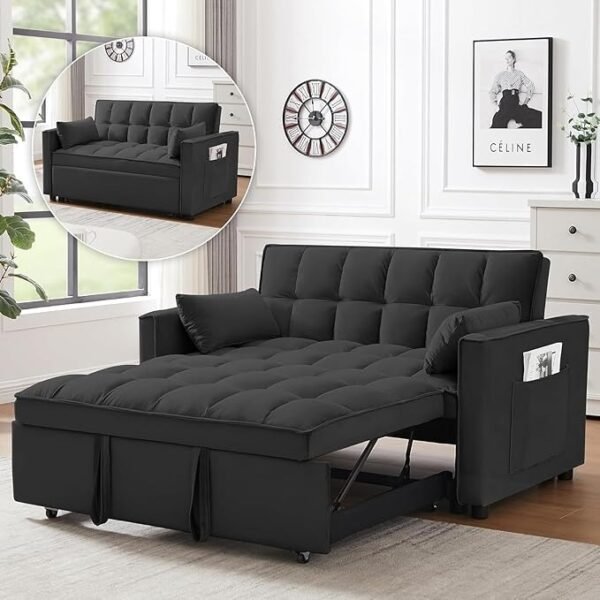 Sleeper Sofa Bed,55'' Convertible Pull Out Couch with Side Pockets,Velvet Fabric Loveseat Sleeper Sofa with Adjustable Backrest for Living Room,Apartment