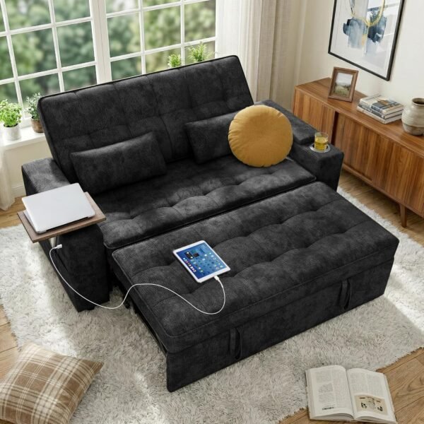 65in Sleeper Sofa Bed, 3 in 1 Pull Out Couch with Chenille Fabric Convertible Loveseat for LivingRoom and Apartment (Black) | Easy Assembly, Adjustable Backrest, Side Table, Built-in Charging, Cup Holder, Hidden Storage