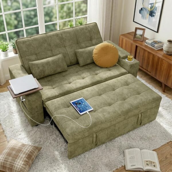 65in Sleeper Sofa Bed, 3 in 1 Pull Out Couch with Chenille Fabric Convertible Loveseat for LivingRoom and Apartment (Green) | Easy Assembly, Adjustable Backrest, Side Table, Built-in Charging, Cup Holder, Hidden Storage
