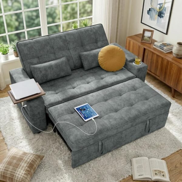 65in Sleeper Sofa Bed, 3 in 1 Pull Out Couch with Chenille Fabric Convertible Loveseat for LivingRoom and Apartment (Darkgrey) | Easy Assembly, Adjustable Backrest, Side Table, Built-in Charging, Cup Holder, Hidden Storage