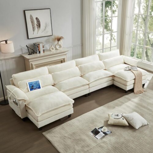 148'' Cloud Couch Sectional with U-Shape Ottoman, Modular Couches for Living Room(Beige) | Chenille Fabric, USB Charging, Dual Cushions, Moveable Ottoman, Lumbar Pillows
