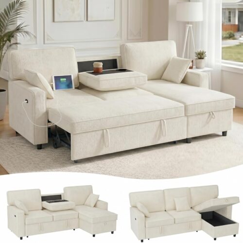 90" Sectional Sleeper Sofa, Pull Out Couch Bed with Chenille Fabric, 3-Seater Deep Seat & Reversible Chaise Suitable for Apartment Livingroom (Beige)