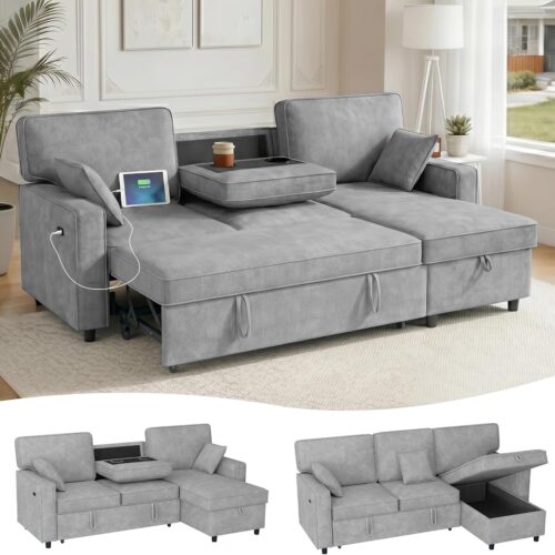 90" Sectional Sleeper Sofa, Pull Out Couch Bed with Chenille Fabric, 3-Seater Deep Seat & Reversible Chaise Suitable for Apartment Livingroom (Light Gray)