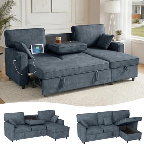 90" Sectional Sleeper Sofa, Pull Out Couch Bed with Chenille Fabric, 3-Seater Deep Seat & Reversible Chaise Suitable for Apartment Livingroom (Navy Blue)