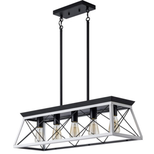 32″ Black White Industrial 5-Light Pendant Chandelier, Modern Metal Cage Design, Adjustable Hanging Light for Dining Room
