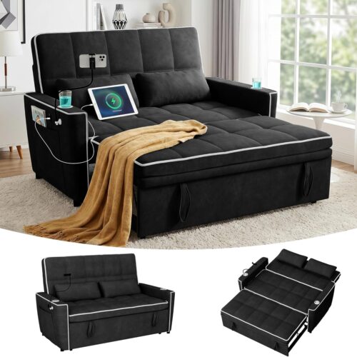 54'' Sleeper Sofa, Convertible Sofa Bed with Phone Holder, Pull Out Couch with USB Port | Adjustable Backrest | Cup Holder, Velvet Fabric for Living Room, Apartment, Office (Black)