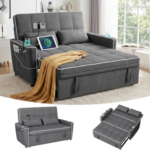 54'' Sleeper Sofa, Convertible Sofa Bed with Phone Holder, Pull Out Couch with USB Port | Adjustable Backrest | Cup Holder, Velvet Fabric for Living Room, Apartment, Office (Darkgray)