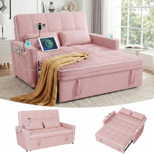54'' Sleeper Sofa, Convertible Sofa Bed with Phone Holder, Pull Out Couch with USB Port | Adjustable Backrest | Cup Holder, Velvet Fabric for Living Room, Apartment, Office (Pink)
