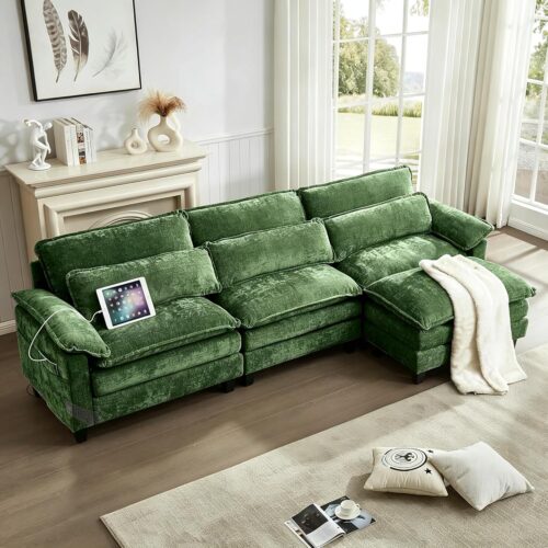 113'' Cloud Couch Sectional with U-Shape Ottoman, Modular Couches for Living Room(Green) | Chenille Fabric, USB Charging, Dual Cushions, Moveable Ottoman, Lumbar Pillows