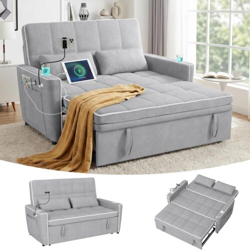 54'' Sleeper Sofa, Convertible Sofa Bed with Phone Holder, Pull Out Couch with USB Port | Adjustable Backrest | Cup Holder, Velvet Fabric for Living Room, Apartment, Office (LightGray)