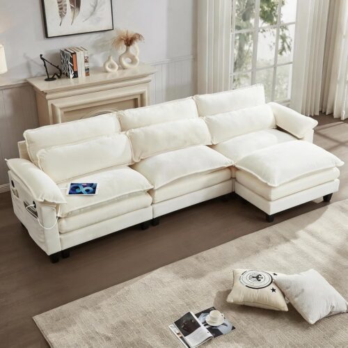 113'' Cloud Couch Sectional with U-Shape Ottoman, Modular Couches for Living Room(Beige) | Chenille Fabric, USB Charging, Dual Cushions, Moveable Ottoman, Lumbar Pillows