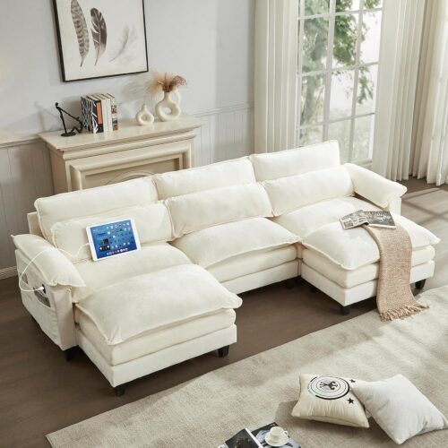 113'' Cloud Couch Sectional with U-Shape Ottoman, Modular Couches for Living Room(Beige) | Chenille Fabric, USB Charging, Dual Cushions, Moveable Ottoman, Lumbar Pillows