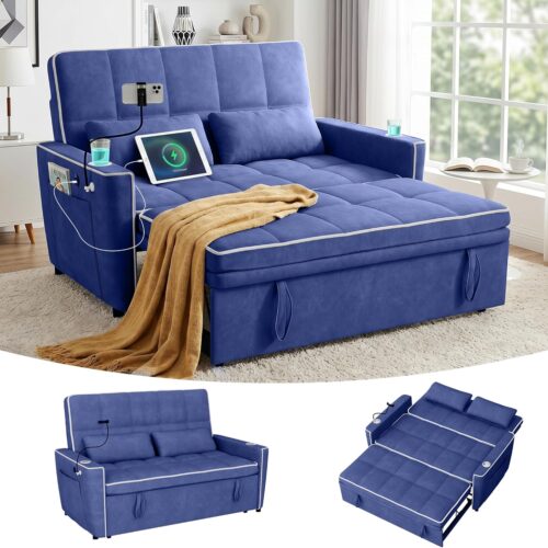 54'' Sleeper Sofa, Convertible Sofa Bed with Phone Holder, Pull Out Couch with USB Port | Adjustable Backrest | Cup Holder, Velvet Fabric for Living Room, Apartment, Office (Blue)
