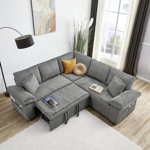 Sectional Sleeper Sofa with Pull Out Couch Bed - Corduroy Fabric with Storage Seat & USB Charging, Reclining Backrest L Shaped Modular Couches for Living Room Apartment (LightGrey)