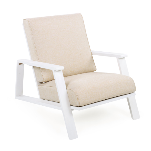 Outdoor Club Chair with Beige Cushion and White Acacia Wood Frame